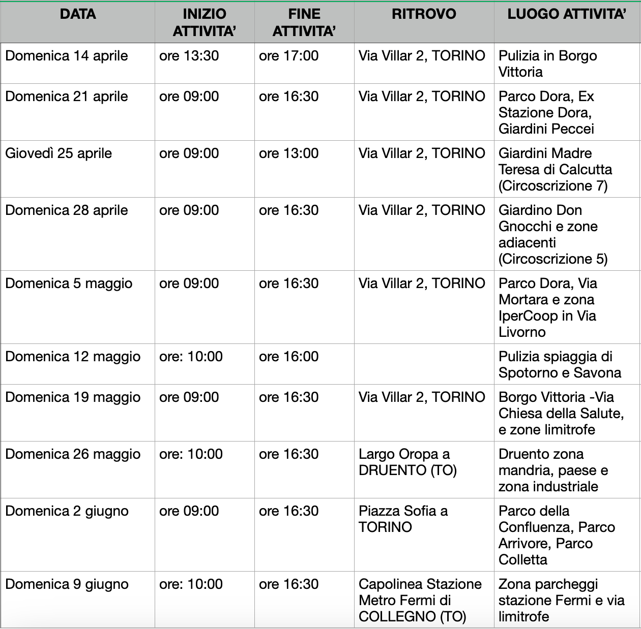 calendario eventi quartiere pulito